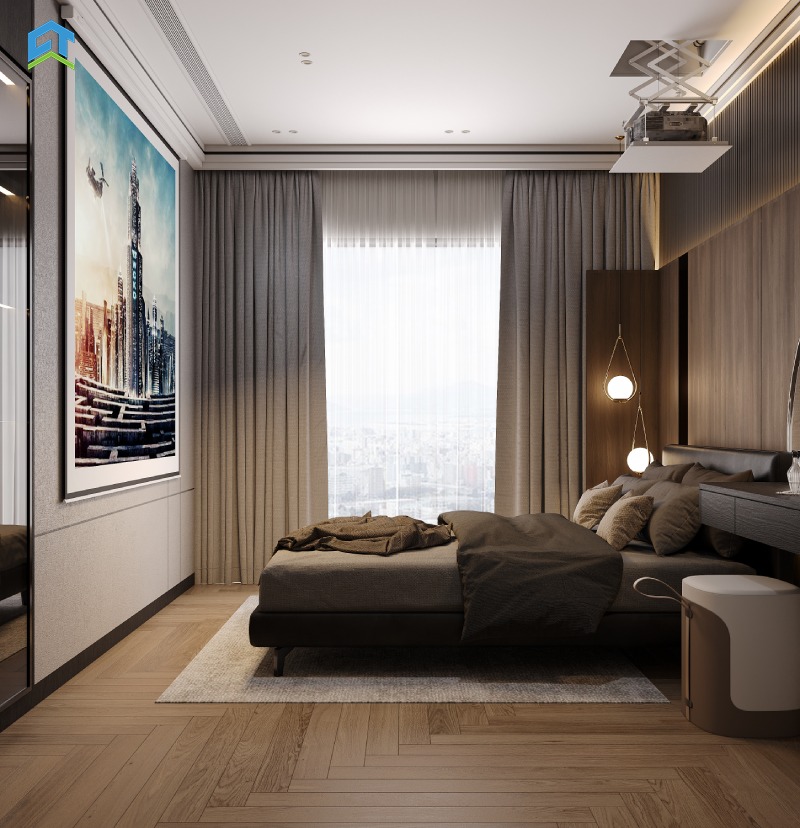 Thiết kế bếp theo dạng chữ L gọn gàng, hiện đại. Tủ bếp trên dưới phối màu sáng - tối tương phản rõ nét, mặt bếp đá đen sang trọng, thiết bị bếp âm tường gọn gàng và tiện nghi.