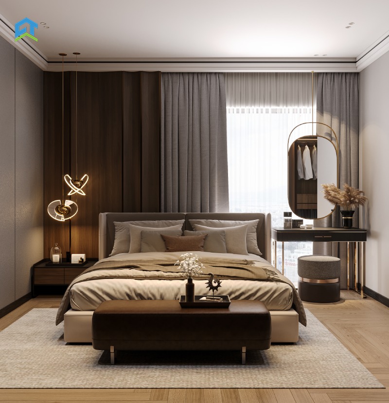 Thiết kế bếp theo dạng chữ L gọn gàng, hiện đại. Tủ bếp trên dưới phối màu sáng - tối tương phản rõ nét, mặt bếp đá đen sang trọng, thiết bị bếp âm tường gọn gàng và tiện nghi.