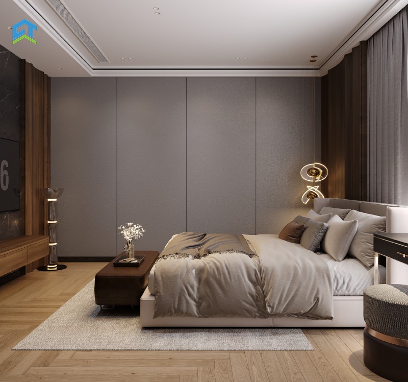 Thiết kế bếp theo dạng chữ L gọn gàng, hiện đại. Tủ bếp trên dưới phối màu sáng - tối tương phản rõ nét, mặt bếp đá đen sang trọng, thiết bị bếp âm tường gọn gàng và tiện nghi.
