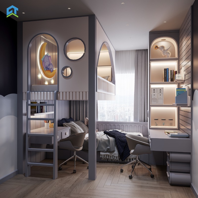 Thiết kế bếp theo dạng chữ L gọn gàng, hiện đại. Tủ bếp trên dưới phối màu sáng - tối tương phản rõ nét, mặt bếp đá đen sang trọng, thiết bị bếp âm tường gọn gàng và tiện nghi.