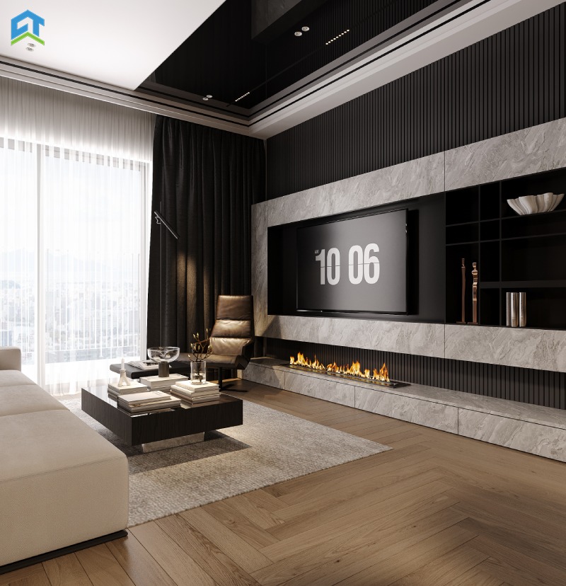 Thiết kế bếp theo dạng chữ L gọn gàng, hiện đại. Tủ bếp trên dưới phối màu sáng - tối tương phản rõ nét, mặt bếp đá đen sang trọng, thiết bị bếp âm tường gọn gàng và tiện nghi.
