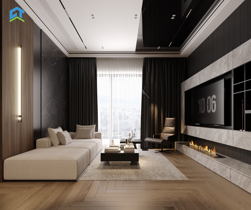 Thiết kế bếp theo dạng chữ L gọn gàng, hiện đại. Tủ bếp trên dưới phối màu sáng - tối tương phản rõ nét, mặt bếp đá đen sang trọng, thiết bị bếp âm tường gọn gàng và tiện nghi.